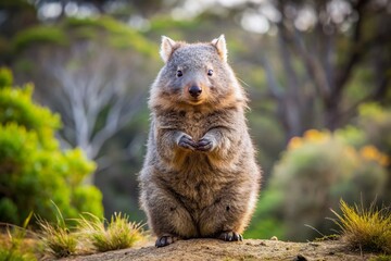 Fototapeta premium Adorable wombat standing on hind legs, paws clasped together, furry grey and brown coat, whiskers twitching, curious expression, in a natural Australian bushland setting.