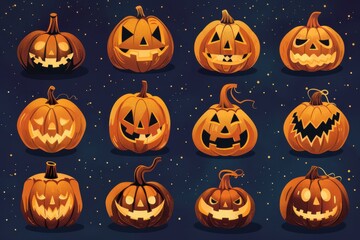 Halloween pumpkins with various scary expressions
