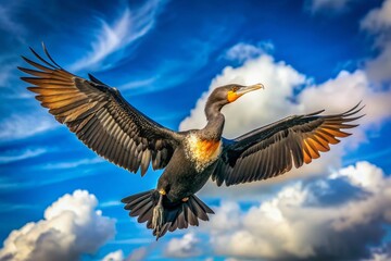 Fototapeta premium Magnificent Double-Crested Cormorant spreads wings, soaring through a vibrant blue sky with wispy white clouds, its sleek black body glistening in the sunlight.