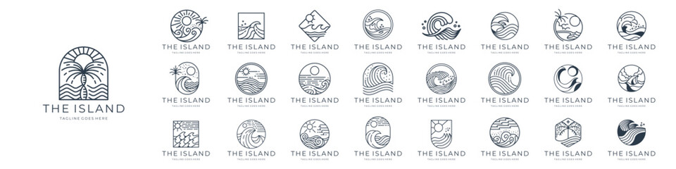 set of island logo vector minimalist design, ocean landscape, sea wave outline icon symbol vector illustration.