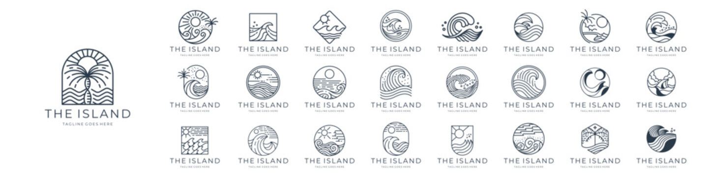 set of island logo vector minimalist design, ocean landscape, sea wave outline icon symbol vector illustration.