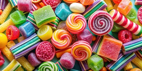 Fototapeta premium Assorted variety of sour candies including extreme sour soft fruit chews, keys, tart candy belts, and straws , sour, candies