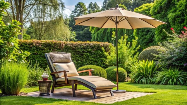 Comfortable garden lounge chair with cushion and an umbrella, relaxation, outdoor furniture, summer, backyard