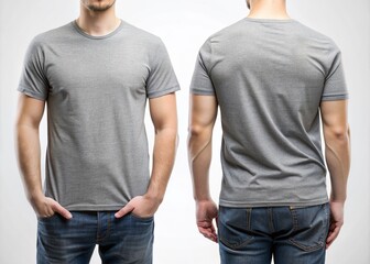 A blank gray t-shirt worn by a male model, front and back views, provides a clean canvas for designing and showcasing custom graphic prints.