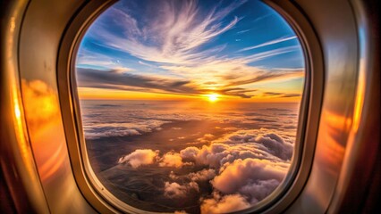Naklejka premium Sunset sky viewed from airplane window , airplane, travel, twilight, clouds, horizon, vibrant, colors, orange, pink, peaceful