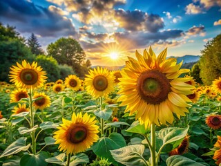 Obraz premium Vibrant sunflowers, surrounded by lush green foliage and colorful blooms, bask in warm sunlight on a serene summer afternoon landscape, exuding joy and tranquility.