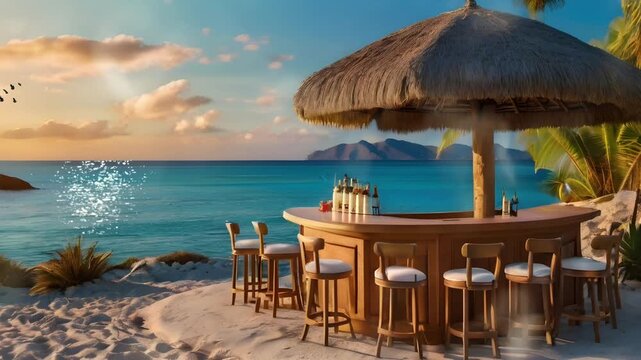 A simple, classic, vintage cafe with a coconut leaf roof on the beach. The relaxed and comfortable atmosphere adds to the aesthetics. Seamless 4K looping timelapse video animation generated AI