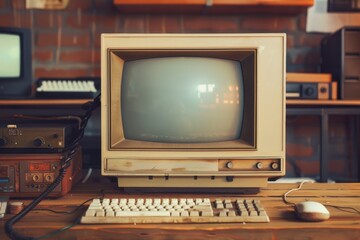 An antique computer placed on a wooden surface with scratches and imperfections