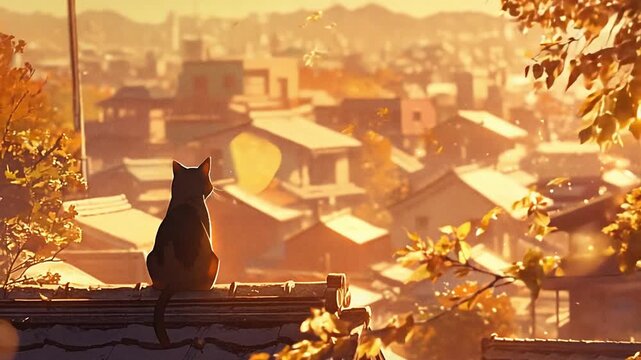 Black Cat Perched on a Rooftop at Dusk, Strong Winds, Moving Tree Leaves, Small Town, Anime Animation