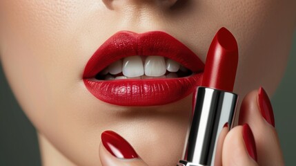 Obraz premium Close-up of Red Lipstick Applied on Woman's Lips