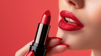 Obraz premium Closeup of a Woman's Hand Applying Red Lipstick on a Red Background