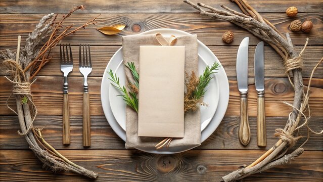 Rustic-chic wedding or birthday table setting featuring dry branches, a card mockup for a menu concept, and plenty of copy space in a top view flat lay.