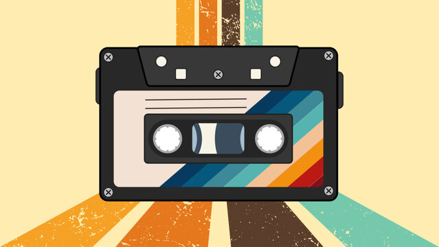Retro cassette tape vector illustration. Vintage audio cassette tape with retro background