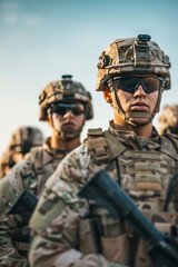 Fototapeta premium A group of soldiers stand in formation, all wearing the same uniform