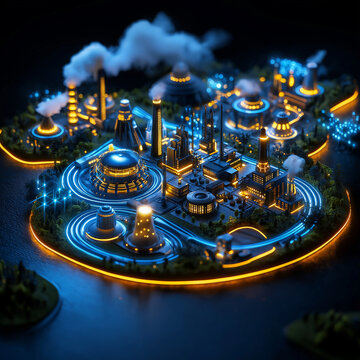 A futuristic energy hub with neon-lit power plants and advanced renewable energy sources