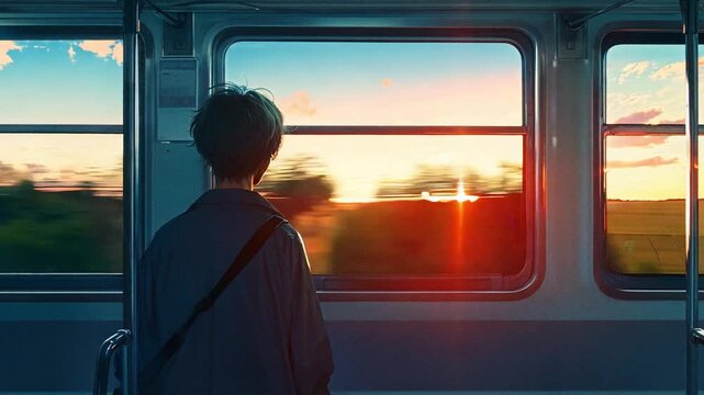 Inside a Train, a Young Man with a Shoulder Bag Stares Out the Window, Watching the Scenery Along the Track on a Late Afternoon, anime background