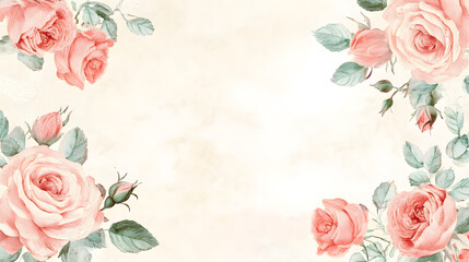Beautiful floral frame with white pink roses on an empty cream background watercolor style, space for text in the middle, wedding invitation card.