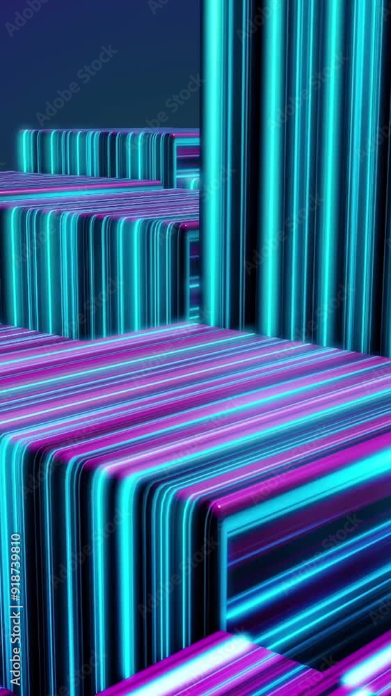Poster cubes in neon lines. abstract bright neon cubes. abstract animation with moving cubic figures in spa