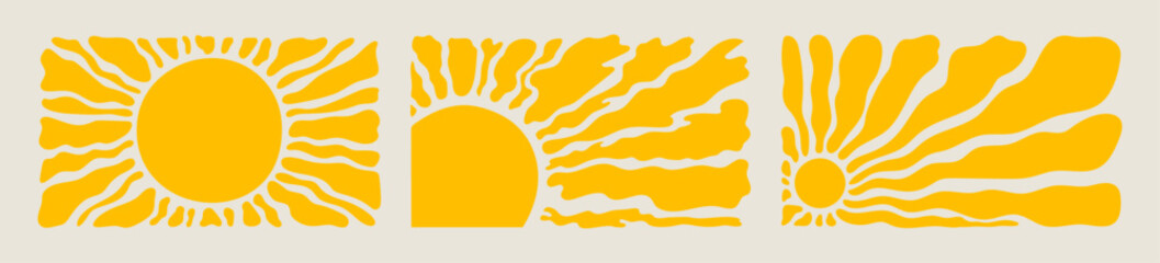 Yellow Sun Collection backgrounds. Groovy doodle shapes in trendy retro 60s 70s style. Template poster or banner with sun and wavy rays