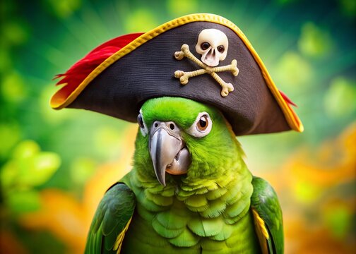 Vibrant green parrot dons a swashbuckling pirate's hat adorned with a menacing skull and crossbones, perfectly capturing the essence of playful rebellion and tropical adventure.