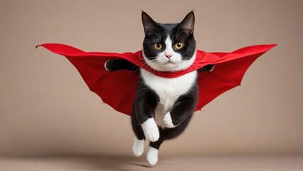 batman cat, cute white and black cat wearing red cape and mask, jumping and flying
