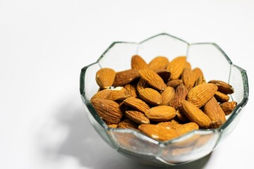 Almonds nut, walnuts, cashew and hazelnuts in glass bowls
