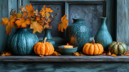 Rustic Autumn Still Life with Pumpkins, Fall Leaves and teal ceramic vases and pots