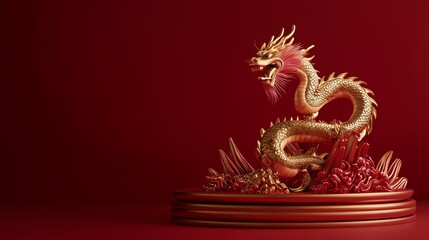 Fototapeta premium A photo of a sleek 3D podium with a dragon motif for Chinese New Year, isolated on a dark red background
