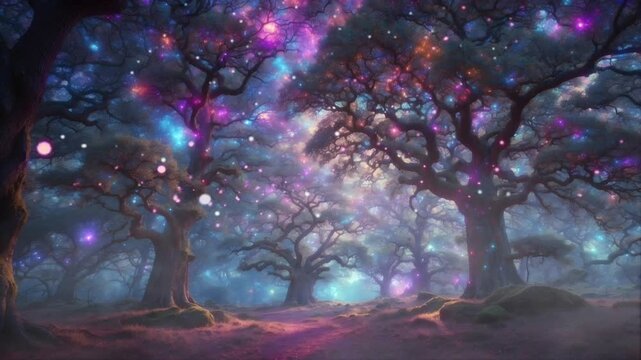 A big tree in the middle of a fairytale forest with a purple glow. Magical and misty atmosphere. Seamless 4K looping timelapse video animation generated AI