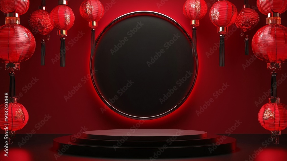Poster a photo of an empty podium 3d in a vibrant festival setting with red lanterns, isolated on a dark re