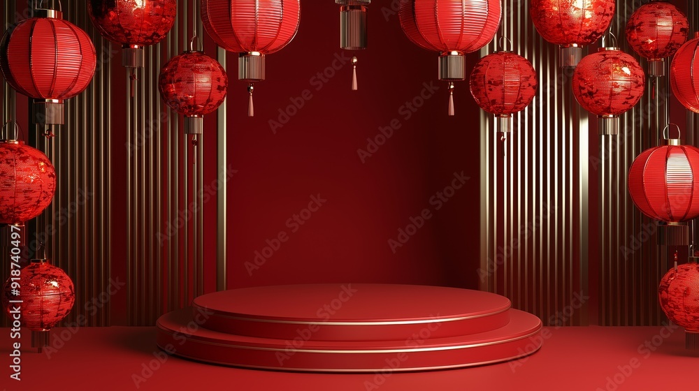 Aufkleber a photo of an empty podium 3d in a vibrant festival setting with red lanterns, isolated on a dark re