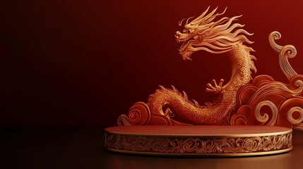 Obraz premium A photo of a 3D podium with a swirling dragon design for Chinese New Year, isolated on a dark gold background