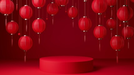 A photo of a 3D podium surrounded by hanging red lanterns, isolated on a dark scarlet background