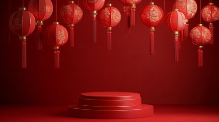 A photo of a 3D podium surrounded by hanging red lanterns, isolated on a dark scarlet background
