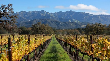 Naklejka premium Vineyard Rows Against Mountain Backdrop
