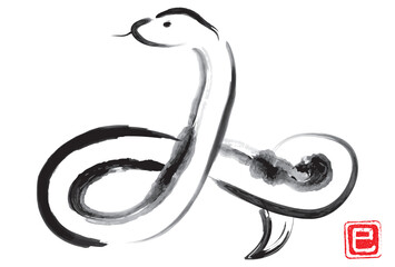 Fototapeta premium 「み」の形の白蛇の水彩年賀状素材（墨）