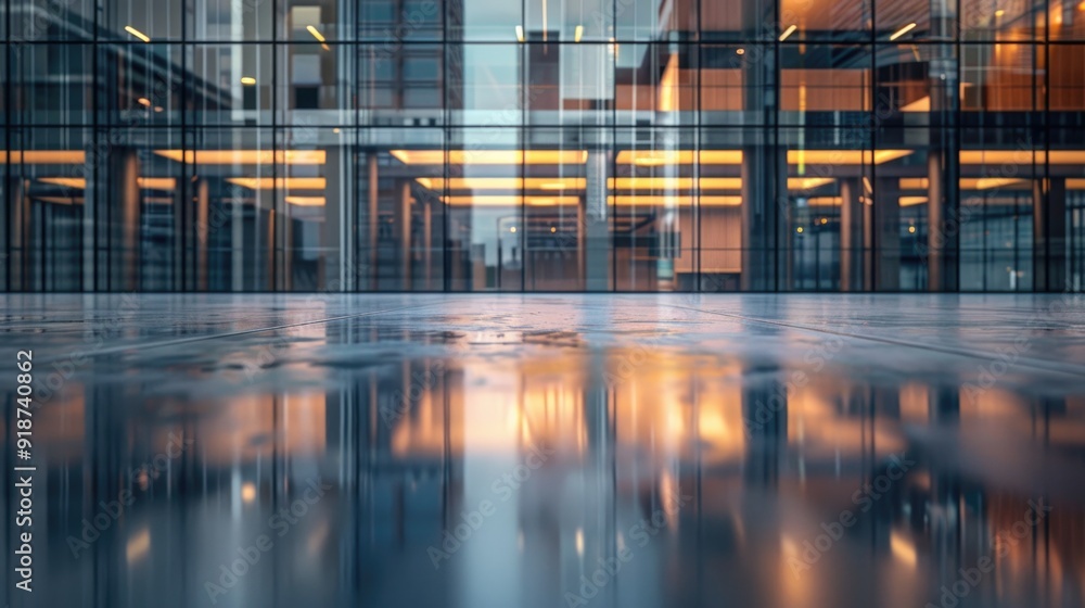 Poster a calm and serene scene with a building reflected in a puddle of water