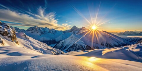 Rocky snow mountains at sunrise with bright sun , mountains, snow, sunrise, sun, landscape, winter, cold, adventure, wilderness