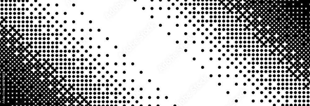 Poster Black and white diagonal bitmap gradient texture. Slanted dithered background. Abstract pixel glitchy pattern. 8 bit video game screen wallpaper. Fading pixel backdrop. Vector retro oblique halftone
