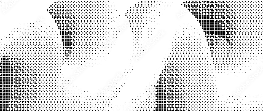 Poster pixelated gradient undulate shape. black dither texture background. dotted fluid curvy form for bann