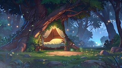 A bed inside a big tree in the middle of a fairy forest with the twinkling of fireflies at night. Seamless 4K looping timelapse video animation generated AI - Powered by Adobe