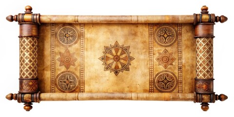 Ancient scroll with intricate designs and symbols, scroll, ancient, old, vintage, parchment, manuscript, paper, historic