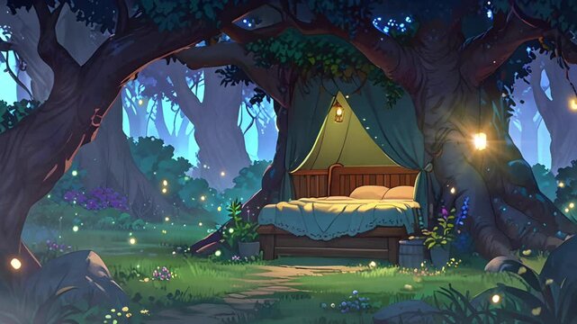 A bed inside a big tree in the middle of a fairy forest with the twinkling of fireflies at night. Seamless 4K looping timelapse video animation generated AI