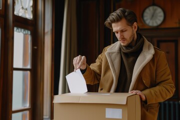 A person completing paperwork in a simple office setting