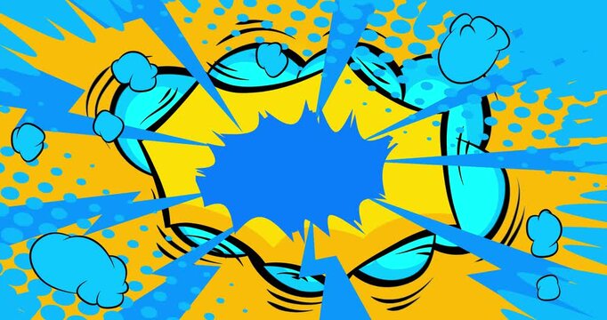 Cartoon blue and yellow background animation, comic book backdrop video. Retro vector comics pop art design.