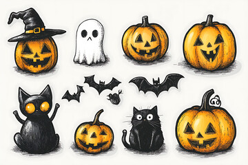 A humorous set of pencil-drawn Halloween stickers featuring  .The playful and quirky designs are perfect for Halloween-themed projects