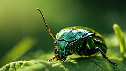 Close-up horned beetle with a blurry green natural background