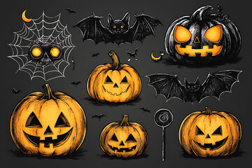 A humorous set of pencil-drawn Halloween stickers featuring a pumpkin, bat, witch, vampire, zombie, eye, spider web, and black cat.  