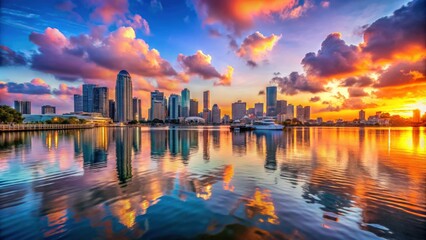 Fototapeta premium Beautiful sunset over Downtown and the Port of Miami, colorful and vibrant sky reflecting off the water