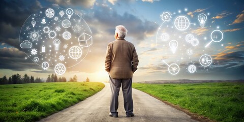 A confused senior stands at a crossroads, surrounded by thought bubbles and symbols of work and leisure, weighing the decision to retire or continue working.